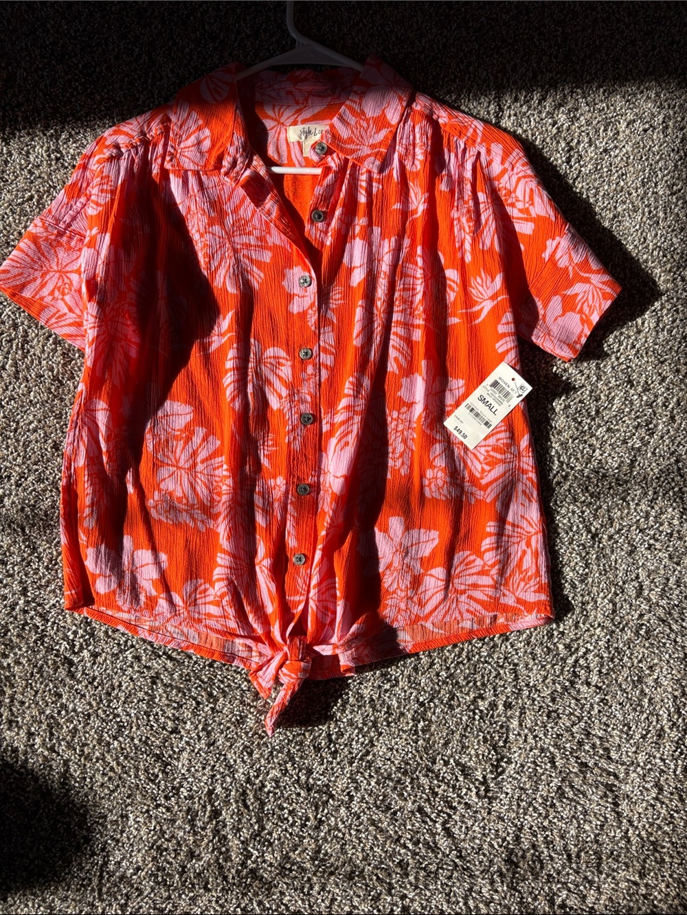 Style & Co. Orange Floral Button-Front Tie Hem Blouse